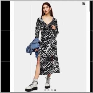 Topshop Womens Animal Print‎ Ruched Sleeve Midi Dress Size 2 New